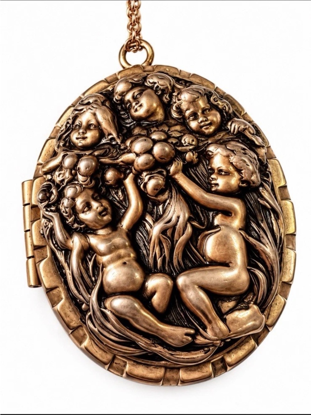 Antique Bronze Cherub Relief Oval Locket Necklace 2x1.75” W/ 16” Chain